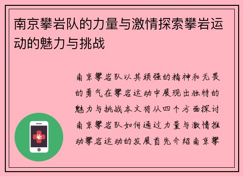 南京攀岩队的力量与激情探索攀岩运动的魅力与挑战